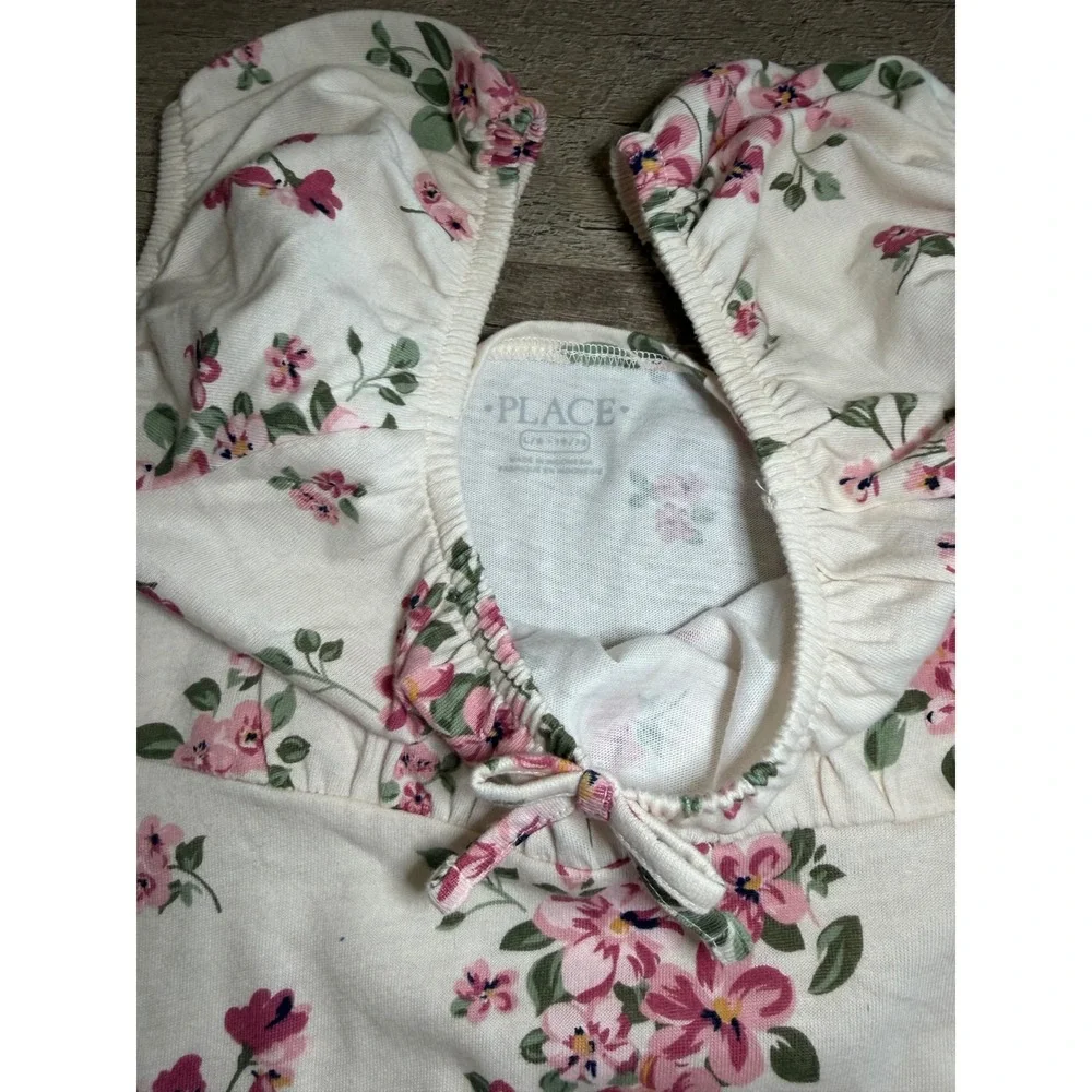 The Children's Place Girl's Floral Dress Pink White Puff Sleeve Size L 10-12 NEW